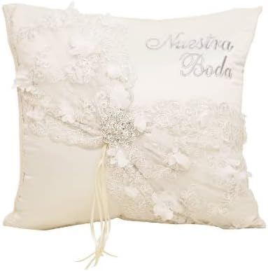 Set of 2 Ivory Wedding Kneeling Pillows with Filler, Embroidered Nuestra Boda Kneeling Pillows, Satin and Lace Plush Pillow