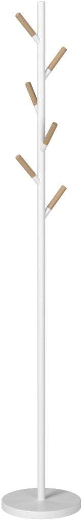 YAMAZAKI Home Freestanding Coat Rack Stand – Modern Coat Tree with Wooden Hooks, Standing Coat Hanger for Entryway, Sturdy Weighted Base, Steel, White, Easy Assembly