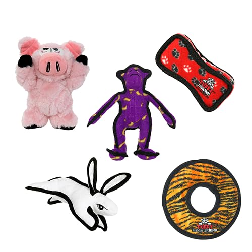 TUFFY® 5 Pack Jr Bear, Hippo, Bone, Stego & GearRing Durable Plush Dog Toys
