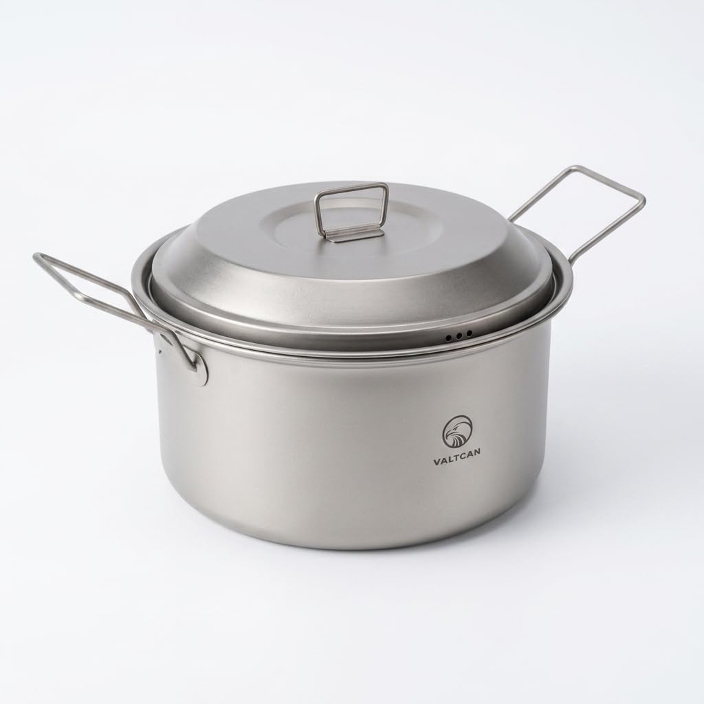 Valtcan Titanium 2800ml Steamer Pot, 511g Ultralight with Foldable Handles, Removable Steam Basket & Mesh Carry Bag for Backpacking, Camping & Home Cookware Pure Titanium, No Metal Taste