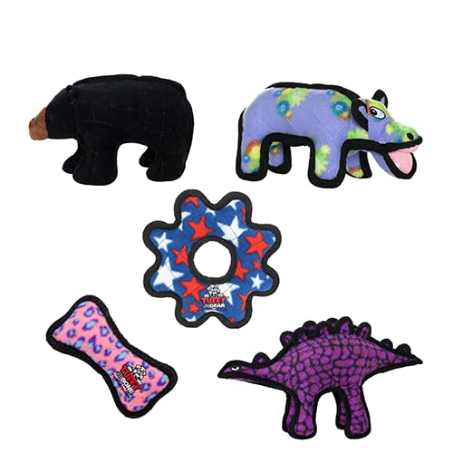 TUFFY® 5 Pack Jr Bear, Hippo, Bone, Stego & GearRing Durable Plush Dog Toys