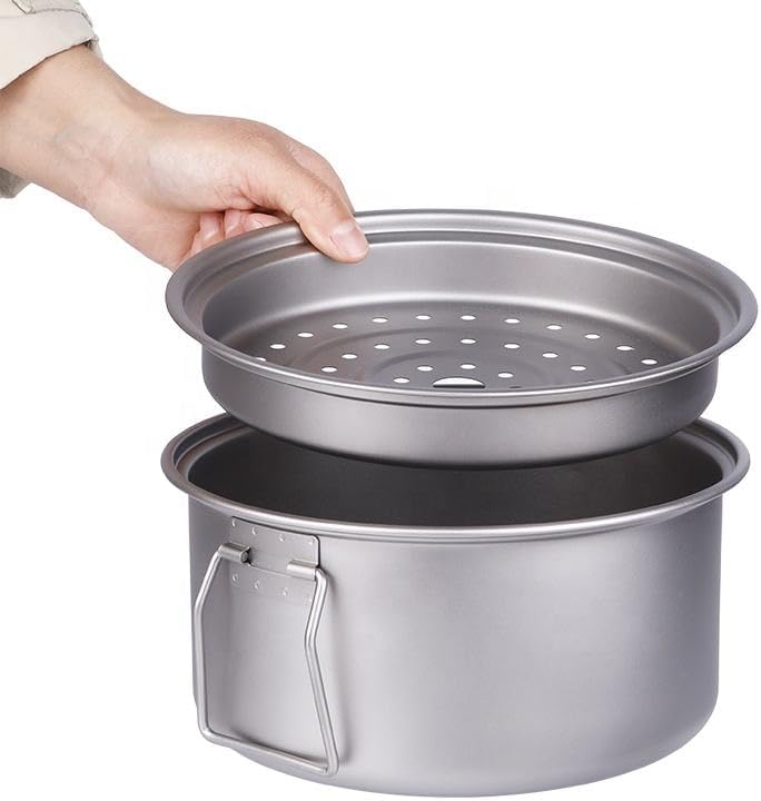 Valtcan Titanium 2800ml Steamer Pot, 511g Ultralight with Foldable Handles, Removable Steam Basket & Mesh Carry Bag for Backpacking, Camping & Home Cookware Pure Titanium, No Metal Taste