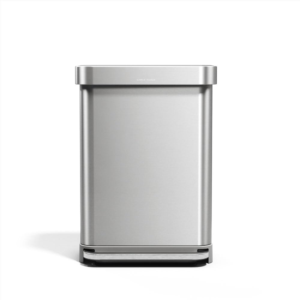 simplehuman Rectangular Step Can, 45L / 12 Gallon Kitchen Trash Can, Liner Rim System, Liner Pocket®, 150,000-Step Pedal, Lid Shox® Silent Close, Brushed Stainless Steel with Grey Plastic Lid