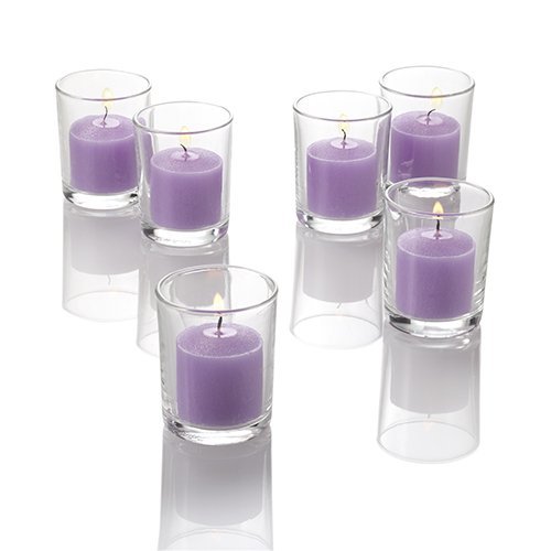 Set of 144 Richland Votive Candles Purple Unscented and 144 Clear Glass Eastland Votive Holders