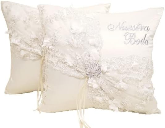 Set of 2 Ivory Wedding Kneeling Pillows with Filler, Embroidered Nuestra Boda Kneeling Pillows, Satin and Lace Plush Pillow