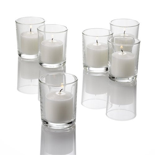 Set of 144 Richland Votive Candles Light Blue Unscented and 144 Clear Glass Eastland Votive Holders
