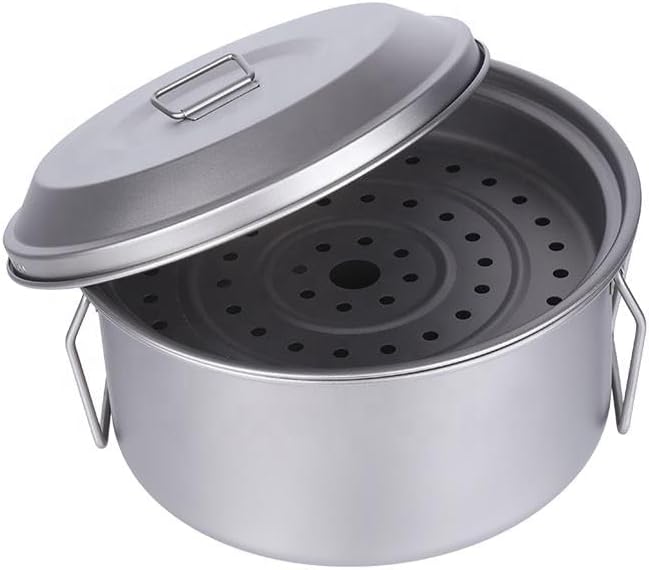 Valtcan Titanium 2800ml Steamer Pot, 511g Ultralight with Foldable Handles, Removable Steam Basket & Mesh Carry Bag for Backpacking, Camping & Home Cookware Pure Titanium, No Metal Taste