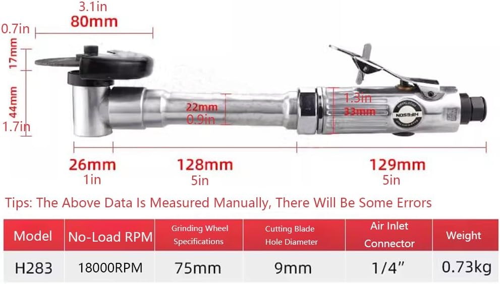 3 Inch Pneumatic Angle Grinder, Long Handle Pneumatic Cut-Off Tool, 18000 Rpm Cutting Machine Air Cut-Off Tool Extended Cutting Tool, 1/4 Inch Air Inlet