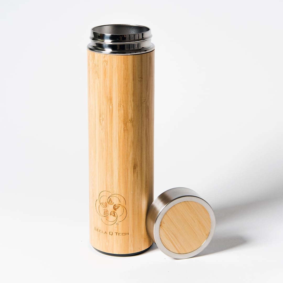 Leela Quantum Water Bottle in bamboo design, Vacuum Seal Leak-proof Lid, Cold or Hot Liquids - 500ml/16.91 Fl Oz, handmade & allergen-free, refined with quantum energy, Great for travel & hiking