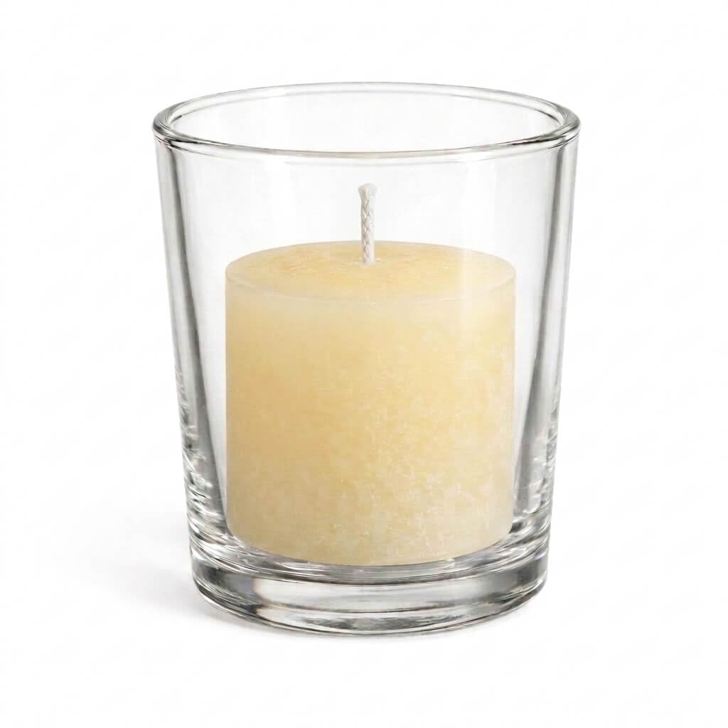 Set of 144 Richland Votive Candles Light Blue Unscented and 144 Clear Glass Eastland Votive Holders