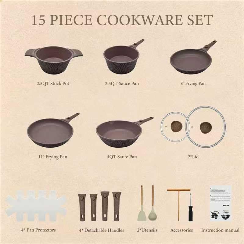 15pc Nonstick Cookware Set with Detachable Handles,Brown Finish Scale Shaped，Sauce pot and Pan，8-11 inches frying PAN,Aluminum Construction, Space-Saving Storage, Includes Utensils