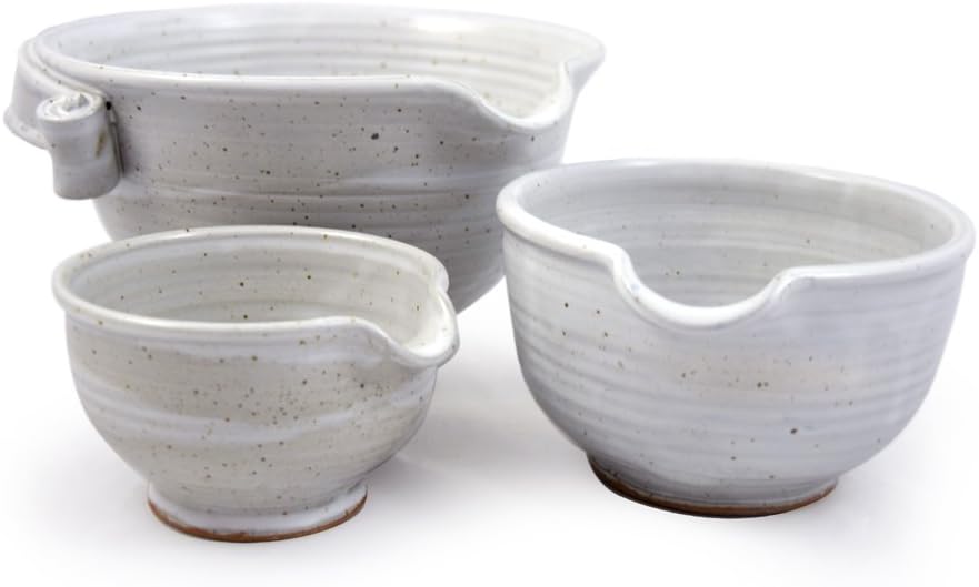 Stoneware Pottery Batter Bowls, 3-Piece Set, Classic All-White Glaze