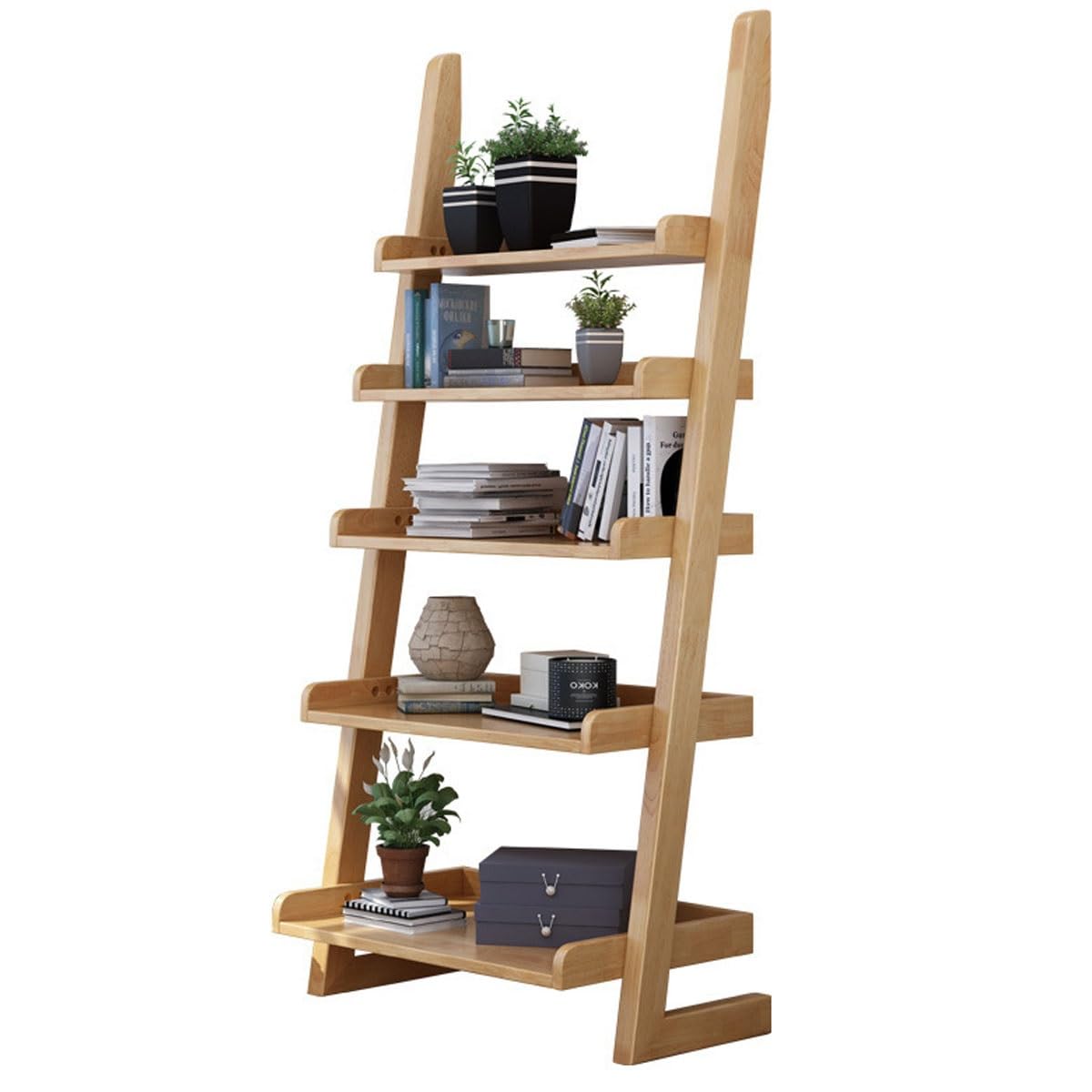 23.6x11.4x55in Ladder Bookshelf L-Shaped Leaning Bookcase Heavy Duty Solid Wood Floor Standing Storage Shelving Unit 5-Tier Bookshelves Shelf Organizer(White)