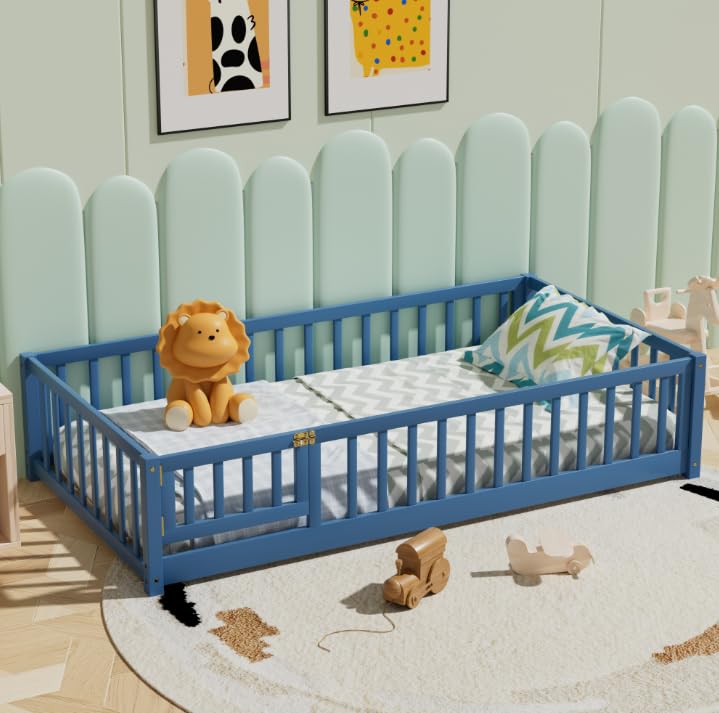 i-POOK Twin Floor Bed for Children, Sturdy Wood Montessori Bed Frame with Wood Slats, High Fence & Small Door, Montessori Floor Bed for Girls and Boys, White