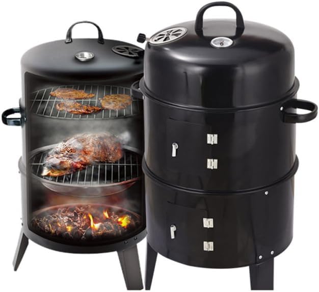Outdoor Double Layer Charcoal Grill & Smoker - Vertical Design for Smoke-Free BBQ, 33.07" Traditional American Steel Grill for Garden, Patio, Camping (Black)