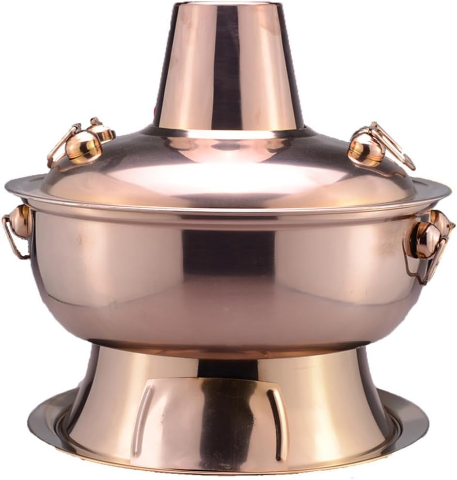 Hot Pot, Chinese Charcoal Hotpot, Extra Thick Stainless Steel Stew Pan, Vintage Hot Pot with Chimney Shabu Shabu Hotpot for Family Dinners and Stewed Lamb Camping,Brass,32cm/12.6inch