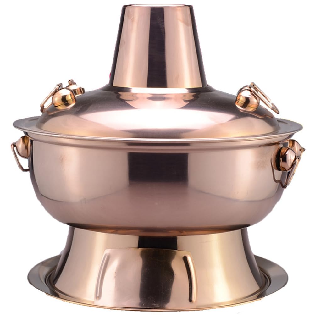 Hot Pot, Chinese Charcoal Hotpot, Extra Thick Stainless Steel Stew Pan, Vintage Hot Pot with Chimney Shabu Shabu Hotpot for Family Dinners and Stewed Lamb Camping,Brass,30cm/11.8inch