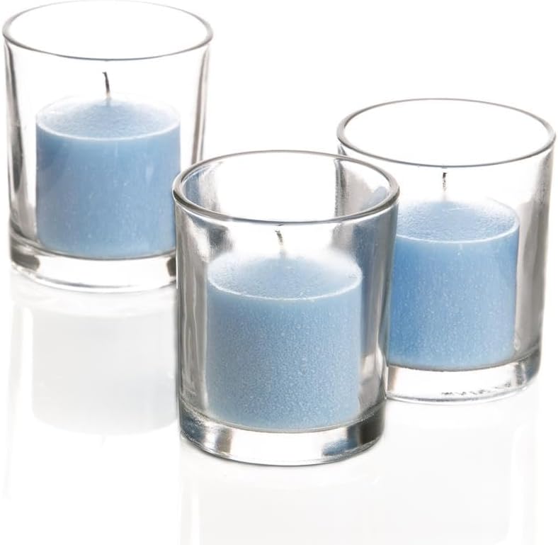 Set of 144 Richland Votive Candles Light Blue Unscented and 144 Clear Glass Eastland Votive Holders