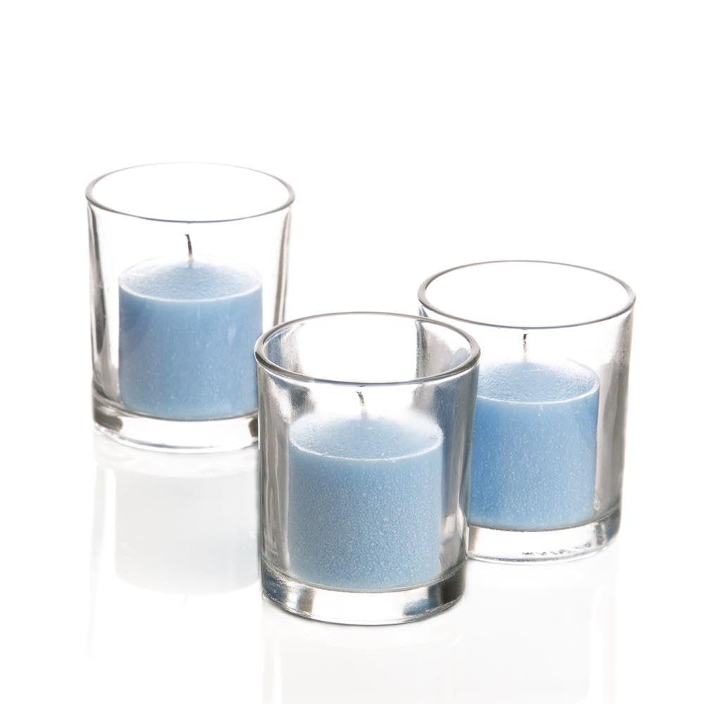 Set of 144 Richland Votive Candles Light Blue Unscented and 144 Clear Glass Eastland Votive Holders