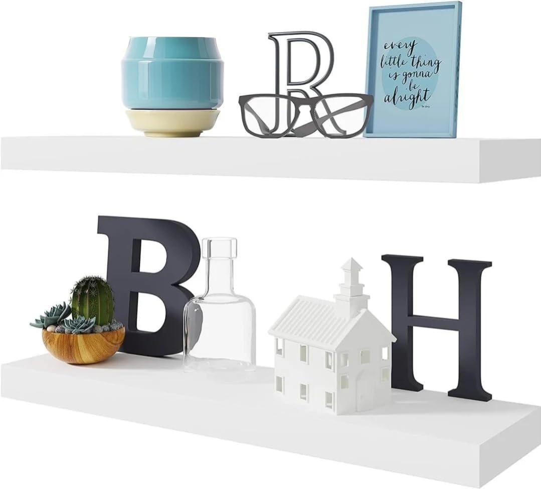 BAMEOS 47in Floating Shelves, Black Wall Mounted Wooden Shelves with Invisible Brackets Set of 2