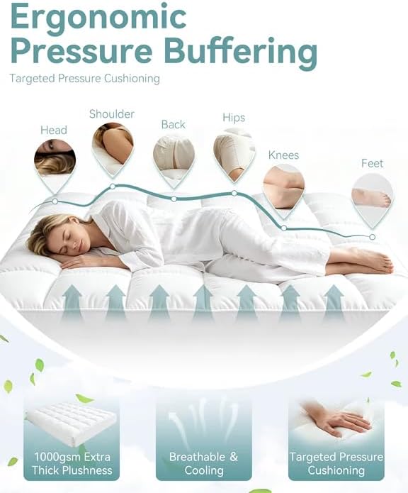 Mattress Topper, 1000 GSM 3X Thicker WestMonth Premium Quilted 1000gsm Extra Thick Hotel-Quality Mattress Topper for Back Pain, Breathable & Fluffy Cooling with (8-21") Deep Pocket（Queen）