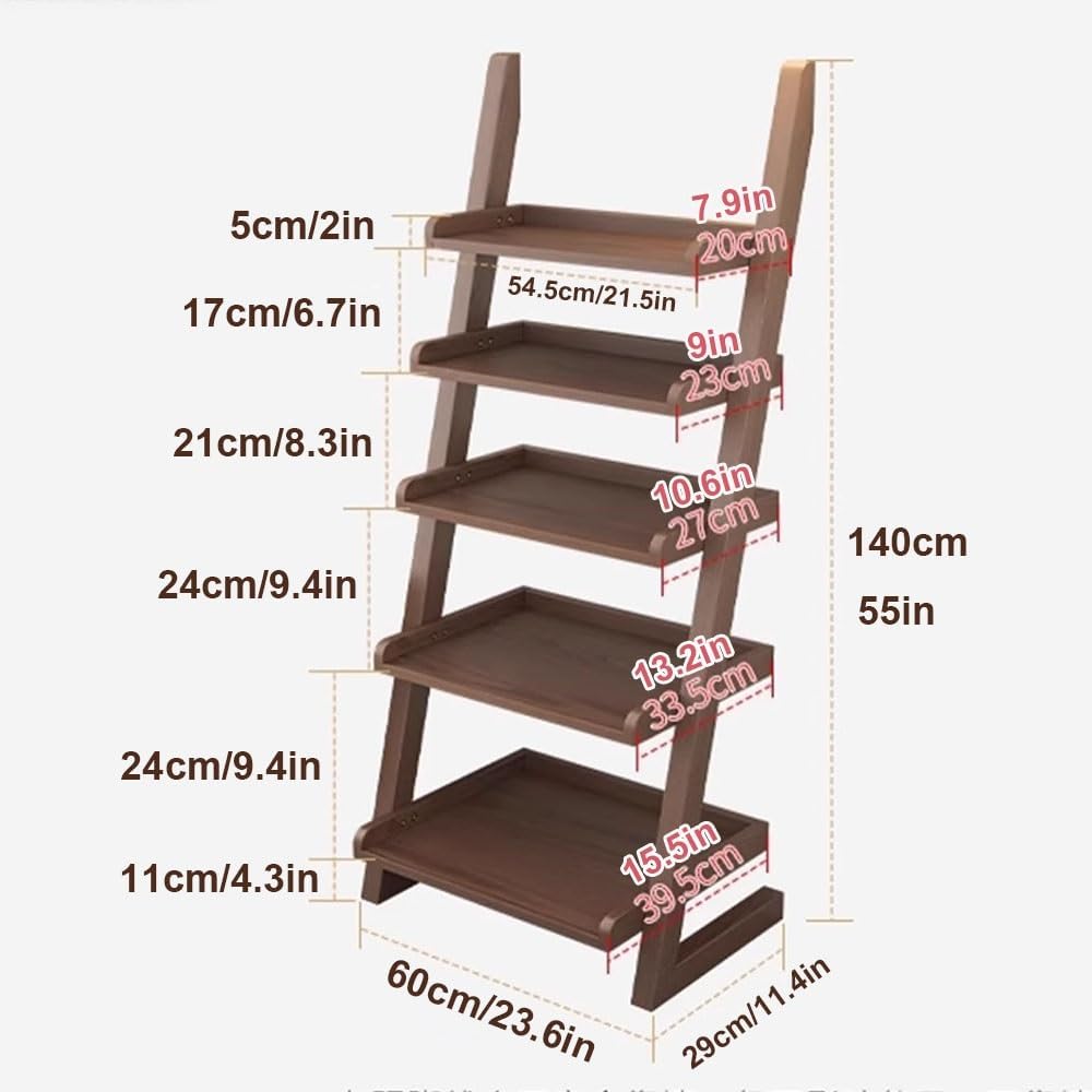 23.6x11.4x55in Ladder Bookshelf L-Shaped Leaning Bookcase Heavy Duty Solid Wood Floor Standing Storage Shelving Unit 5-Tier Bookshelves Shelf Organizer(Walnut)