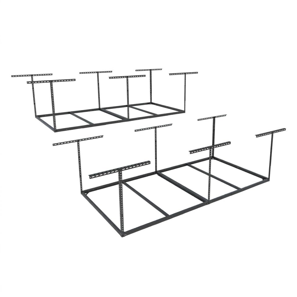 FLEXIMOUNTS 4x8 Overhead Garage Ceiling Storage Rack with 6 Hooks, Black