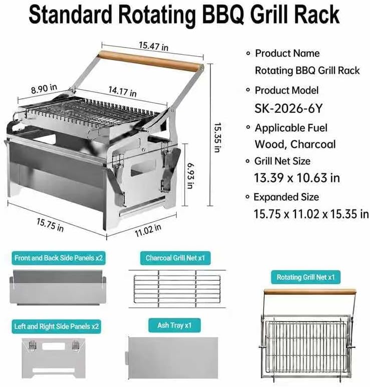 Portable Flip BBQ Grill, Stainless Steel Foldable Charcoal Grill with Reversible Cooking Grid, Removable & Easy Clean Tabletop Barbecue Grill for Outdoor Camping, Picnic, Backyard & Travel