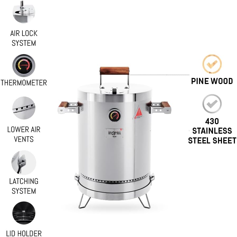 INGRILL Basik Mini 3-in-1 Charcoal Smoker Grill Combo, 6 lb Stainless Steel BBQ Barrel with 6 Hooks, Handling Hook, Ash Tray, Charcoal Basket, Grill Grate, Burger Rack, 4 Skewers & Fishbone Rack