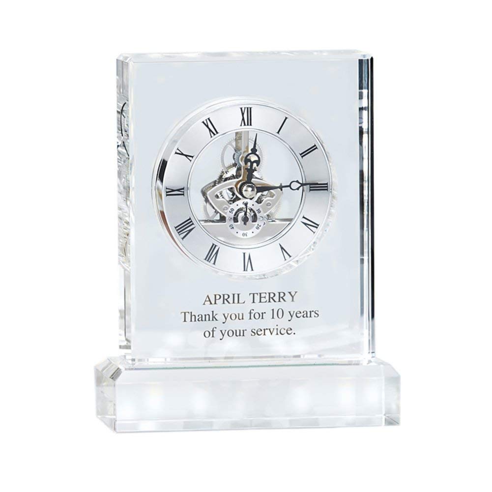 Engraved Clock Trophy - Gold Executive Crystal - Round Beveled Skeleton