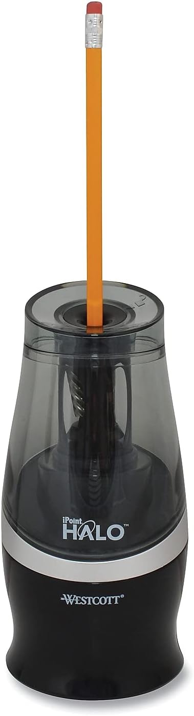Westcott Halo Colored Pencil Non-Stick Electric Sharpener, Ac-Powered, 3.5 X 6.75, Black/Silver