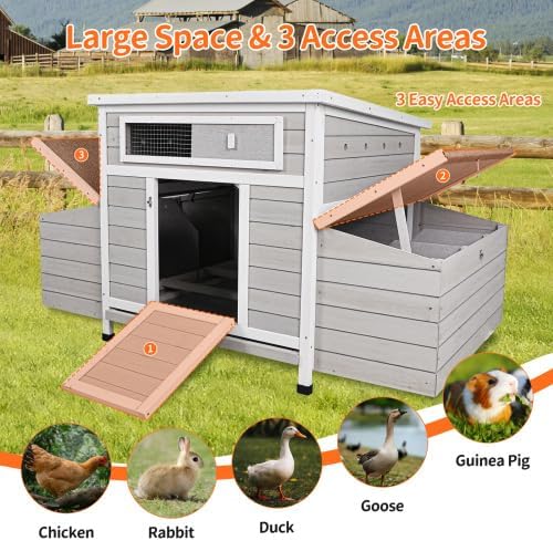 58”Solid Wood Chicken Coop for 3-4 Chickens,Outdoor Hen House Poultry Pet Hutch with Run Cage and 2 Sides Nesting Box,Waterproof Asphalt Roof Ramp,Removable Tray Wire Fence for Backyard
