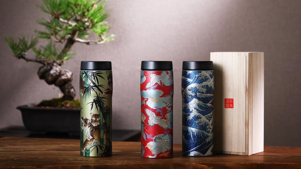 Tiger Made in Japan Insulated Travel Mug,16oz (480ml) - 100-Year Kyoto Yuzen Tradition Design, Premium Stainless Steel Vacuum Water Bottle, with Luxury Paulownia Gift Box, MJX-B048YT, Bamboo Green