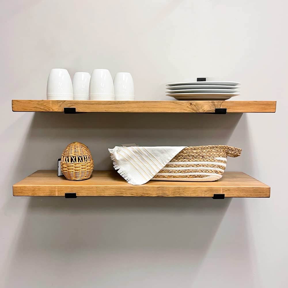 Rustic Shelves with J-Brackets Set of 2, Industrial Shelf, Kitchen Shelves, Solid Wood, Decorative Wall Storage, Heavy Duty, URBANDI (Provincial, 12Wx6D)