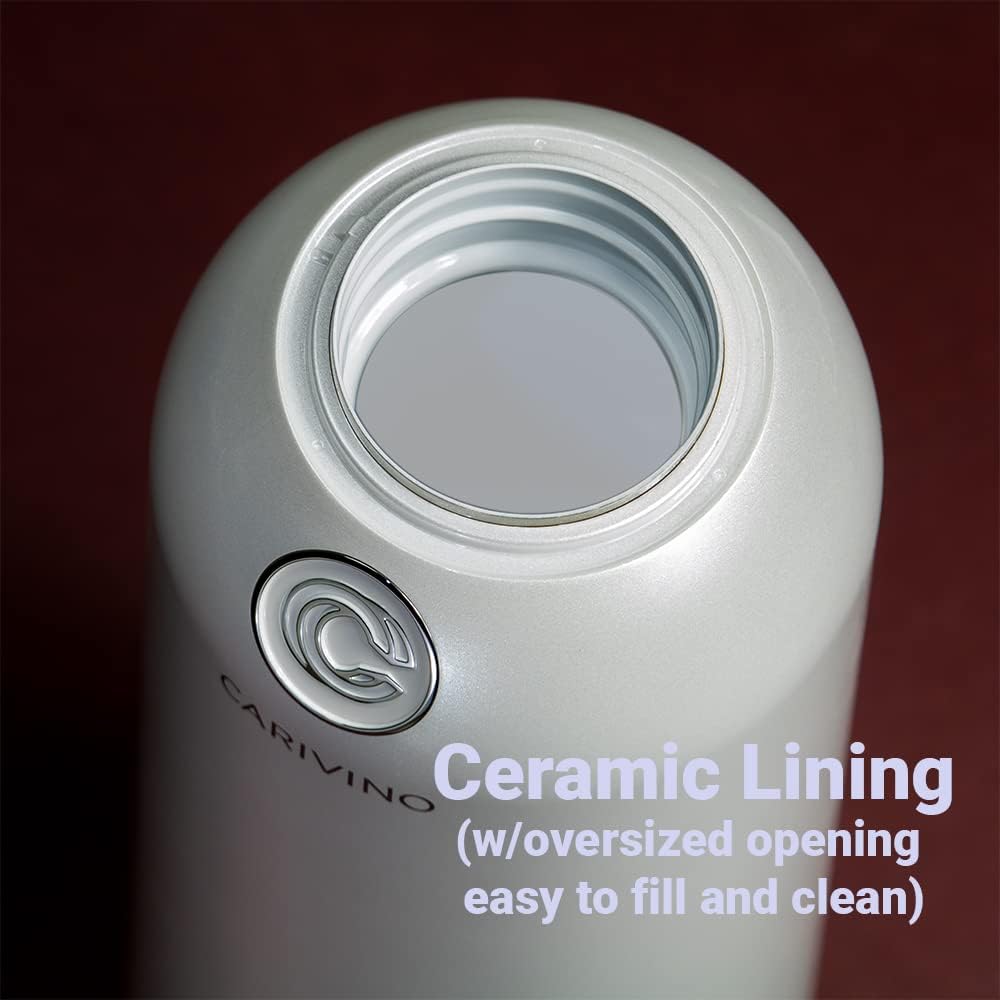 Carivino 750mL Travel Wine Flask with Two Cups, Built in Aerator, Ceramic Lined Vacuum Insulated Wine Bottle Gift (Ayoka Pearl White)