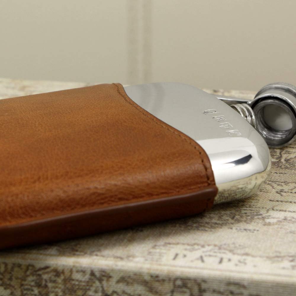 English Pewter Company 6oz Pewter Hip Flask With Luxury Brown Leather Pouch [PLF02]