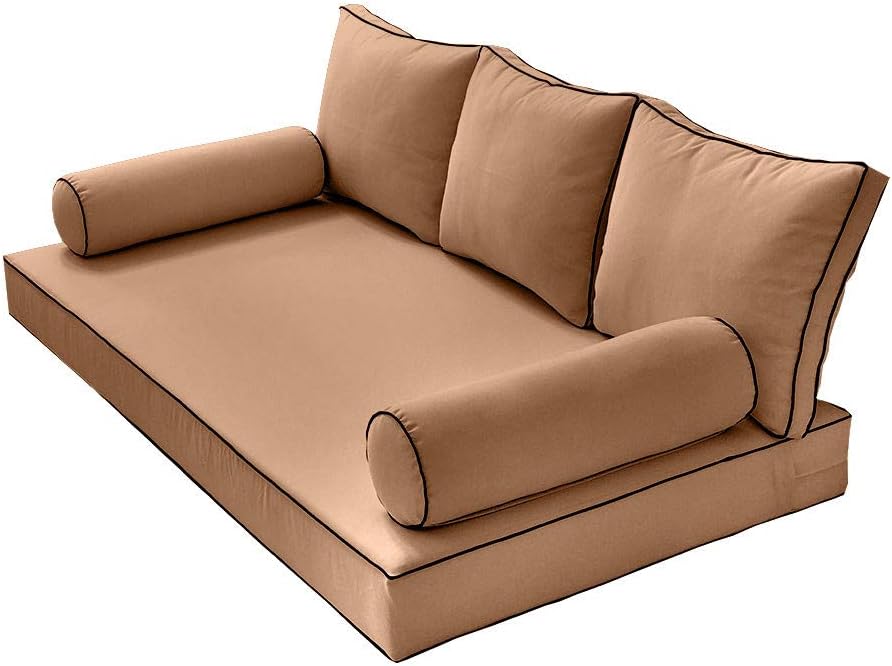 Prolinemax Style 3 - Mattress & Pillow Bolster Cushion for Outdoor Indoor Daybed Porch Swing Bed Contrast Trim Twin-XL Size AD104 | Covers ONLY |