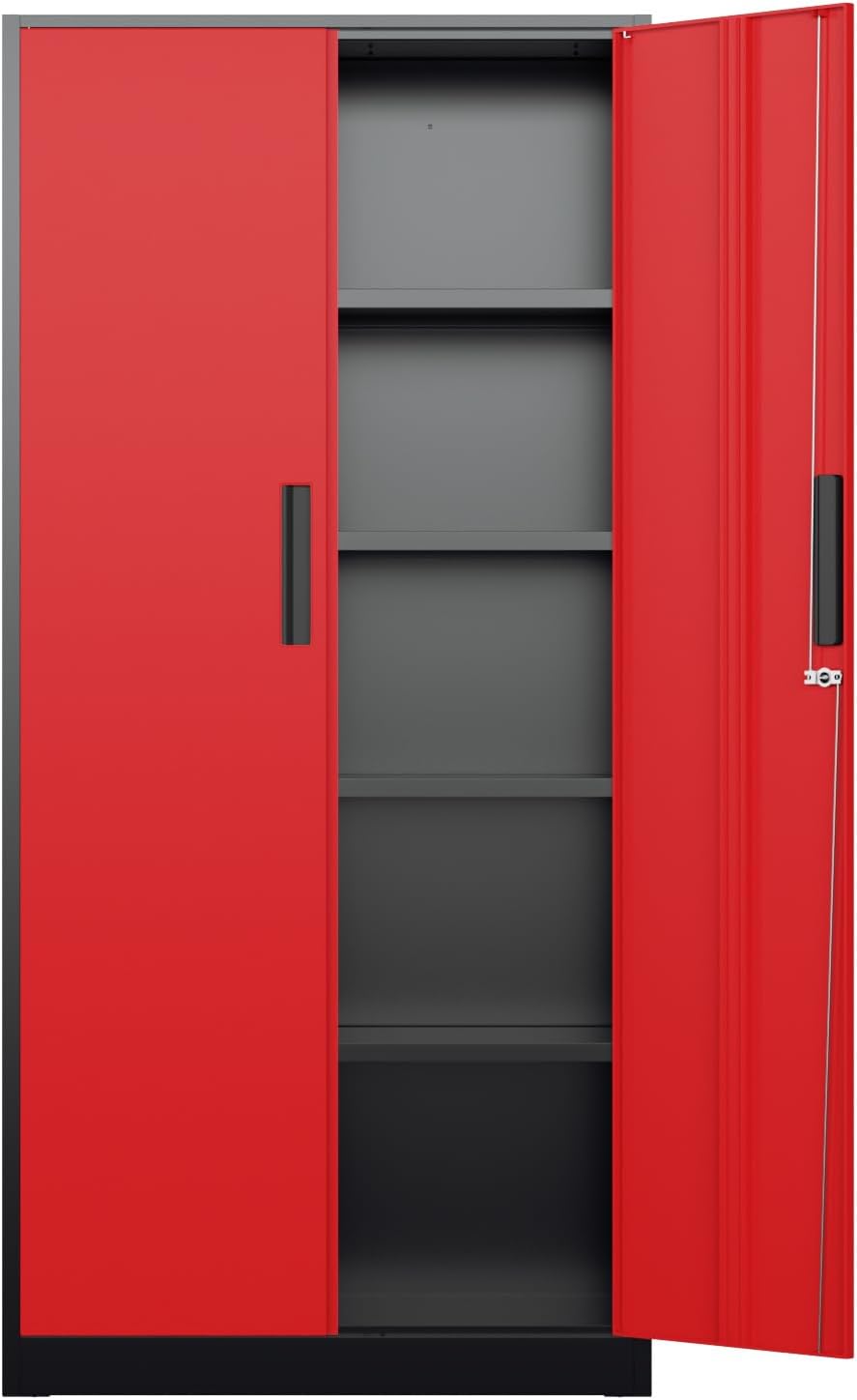 Bonusall 72" Metal Garage Storage Cabinet - 900lbs Heavy Duty Steel Cabinet with 3-Point Locking System & 4 Adjustable Shelves, Lockable Tall Storage for Garage, Office, Warehouse - Black & Red
