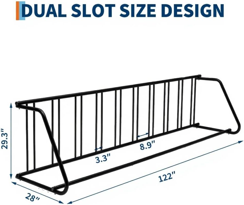 Floor Bike Rack, Single-Sided Parking Stand for 10 Bicycles, 122" Length, Heavy Duty Metal Floor Bike Stand for Garages, Streets, Yards and Bike Events
