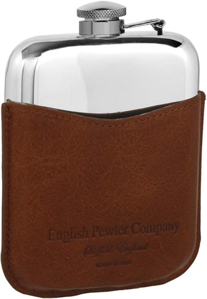 English Pewter Company 6oz Pewter Hip Flask With Luxury Brown Leather Pouch [PLF02]