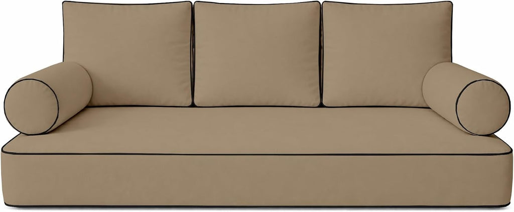 Cottington Lane 6 Piece Outdoor Daybed Cushion Cover Set, Twin Size Fitted 39" x 75" with 6" Deep Fit, Waterproof Indoor Daybed/Porch Swing Bed Mattress & Pillow Bolster Cushion Cover, Taupe