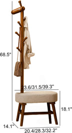 Solid Wood Shoe Bench & Coat Rack 2-in-1 - Removable for Entryway/Living Room (Walnut,23.6" L*14.1" W*68.5" H)