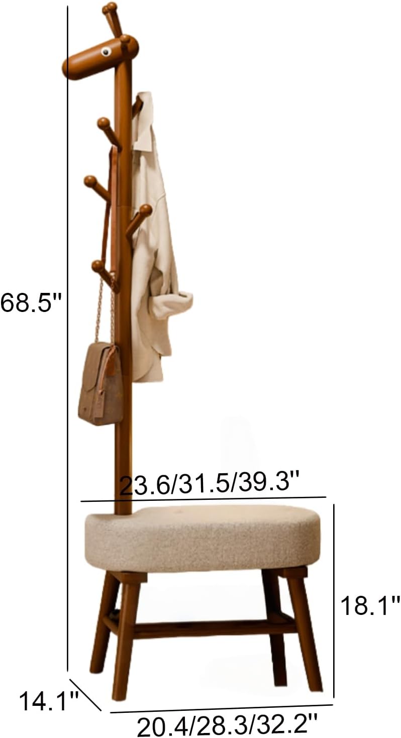 Solid Wood Shoe Bench & Coat Rack 2-in-1 - Removable for Entryway/Living Room (Walnut,23.6" L*14.1" W*68.5" H)