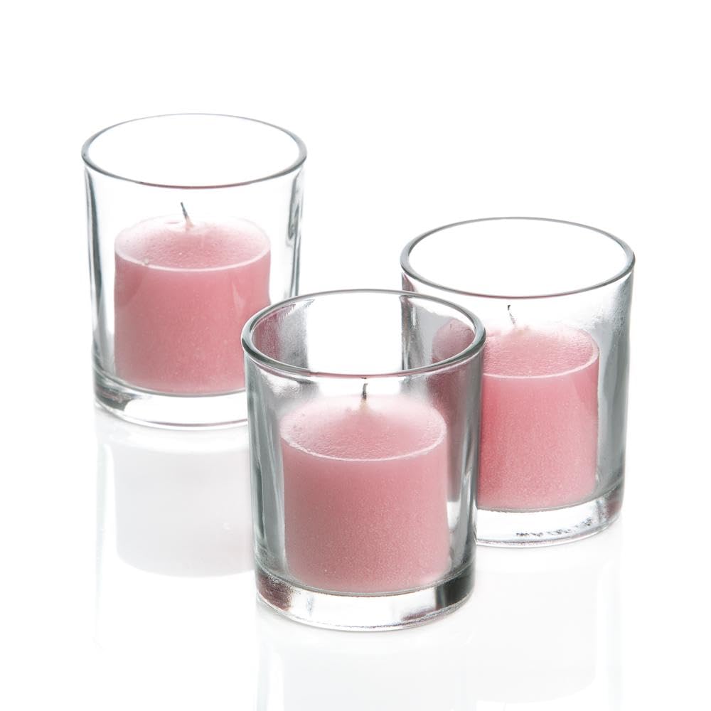 Set of 144 Richland Votive Candles Red Unscented and 144 Clear Glass Eastland Votive Holders