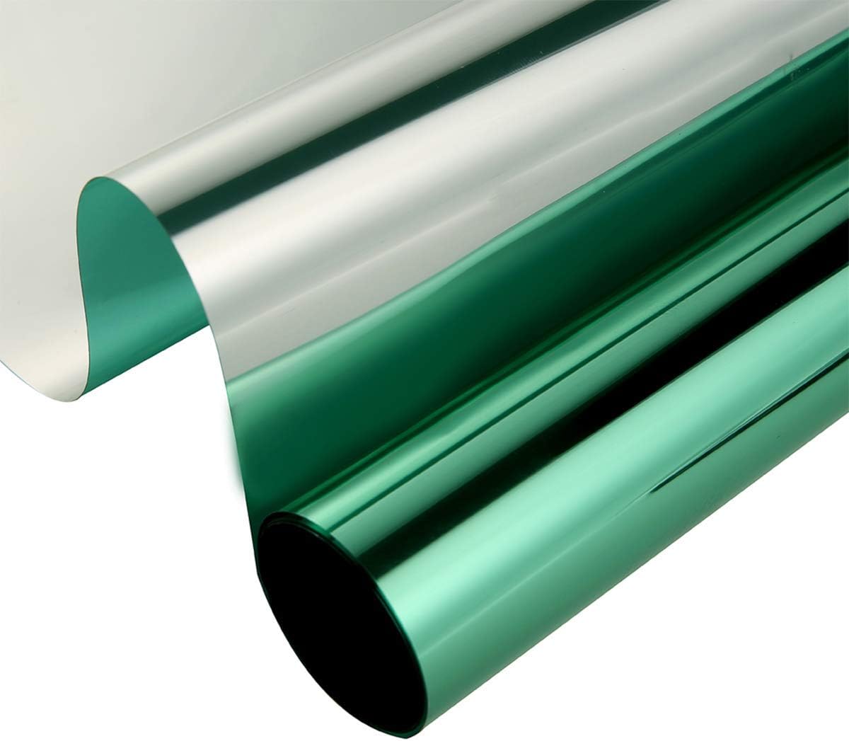 One Way Privacy Window Film Mirror Effect Adhesive Sun Blocking Reflective Window Tint for Glass See Out not in, 60Inch x 33Feet, Green Silver