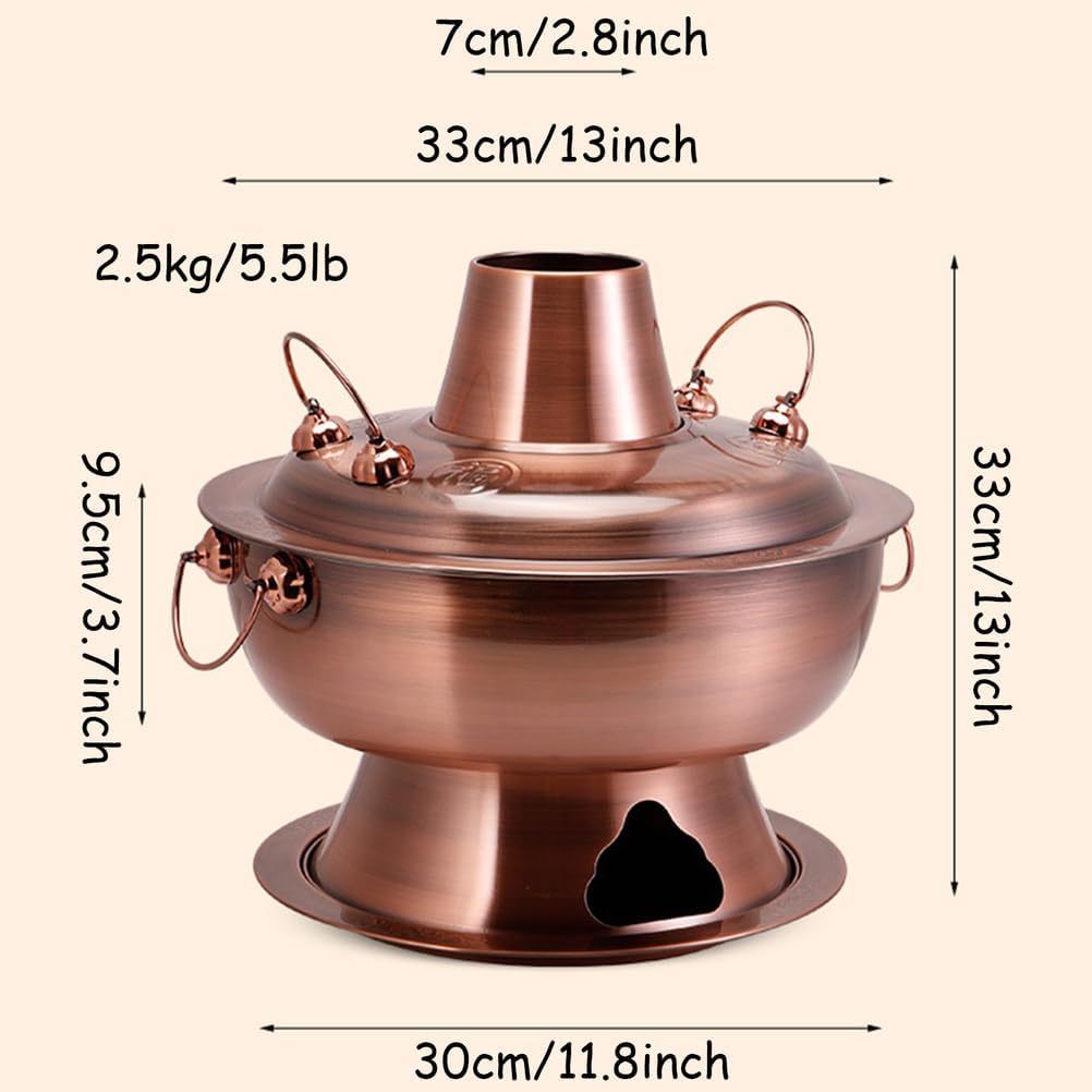 Hot Pot, Chinese Charcoal Hotpot, Extra Thick Stainless Steel Stew Pan, Vintage Hot Pot with Chimney Shabu Shabu Hotpot for Family Dinners and Stewed Lamb Camping,Gold,34cm/13.4inch