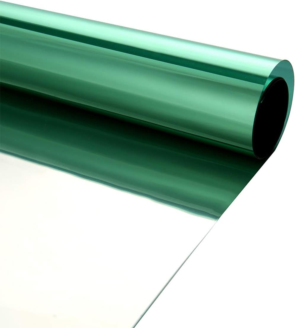 One Way Privacy Window Film Mirror Effect Adhesive Sun Blocking Reflective Window Tint for Glass See Out not in, 60Inch x 33Feet, Green Silver