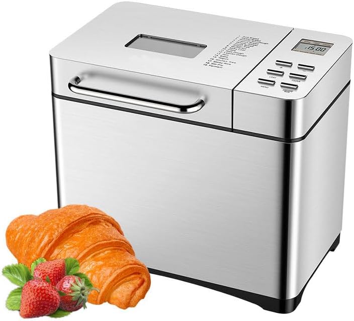 Stainless Steel Bread Machine, 2LB 17-in-1 Bread Maker with Fruit Nut Dispenser, Nonstick Ceramic Pan& Digital Touch Panel, 3 Loaf Sizes 3 Crust Colors