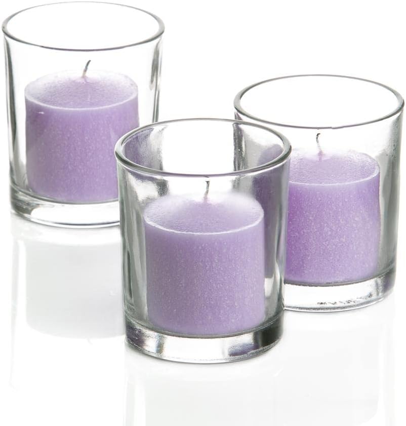 Set of 144 Richland Votive Candles Lavender Unscented and 144 Clear Glass Eastland Votive Holders