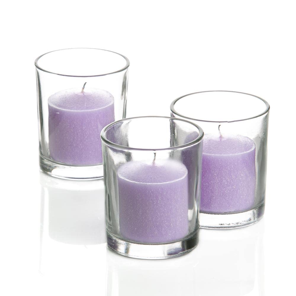 Set of 144 Richland Votive Candles Purple Unscented and 144 Clear Glass Eastland Votive Holders